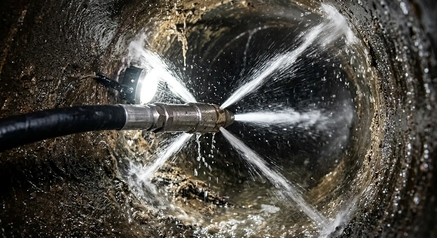 High-pressure hydro jetting nozzle cleaning sewer pipe for Sewer Cleanout in Hillside