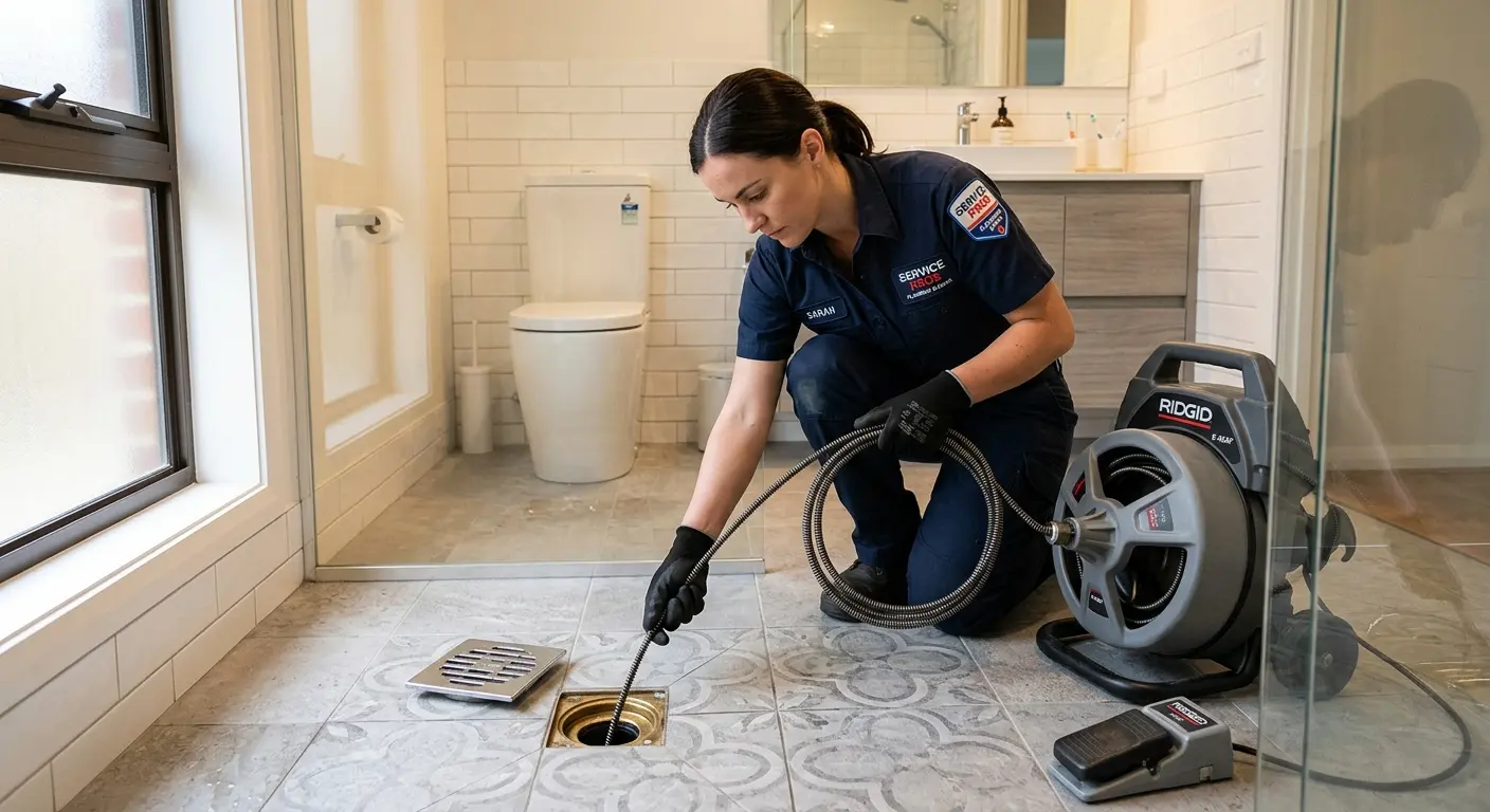 Technician clearing a bathroom floor drain for Drain Repair in Hillside